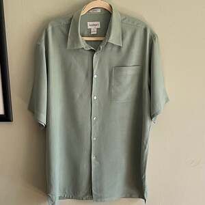 Alfani Men's 100% Silk Short Sleeve Button Down Camp Shirt Sage Green XL